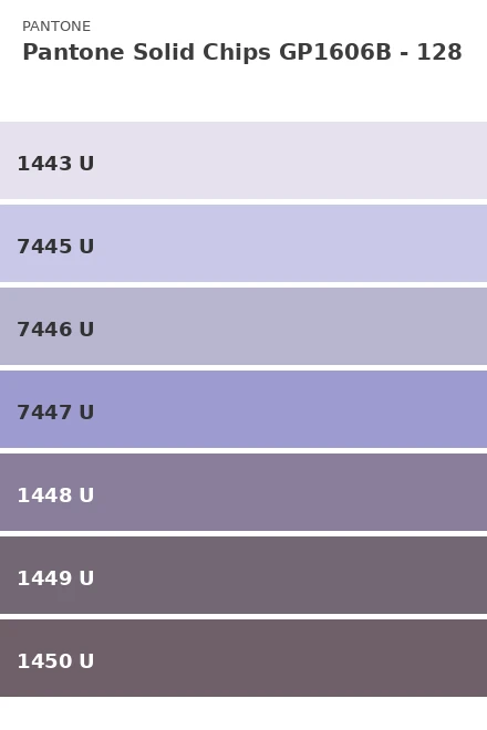 Ersättningsblad Pantone Solid Chips GP1606B - Sida 128 (1443 U, 7445 U, 7446 U, 7447 U, 1448 U, 1449 U, 1450 U)
